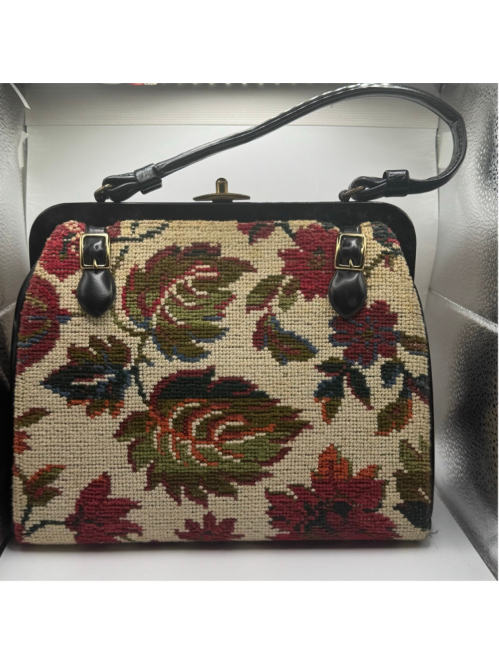 Vintage Kadin Rare Find Needle Point Tapestry Floral Satchel Bag Purse